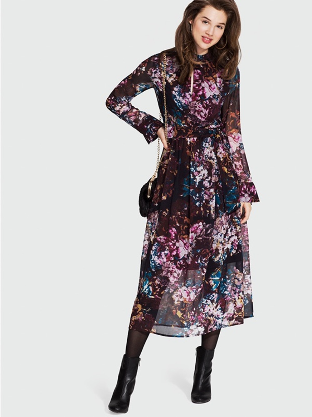 Who What Wear Black & Burgundy Dark Floral Printed Long Sleeve Midi Dress L